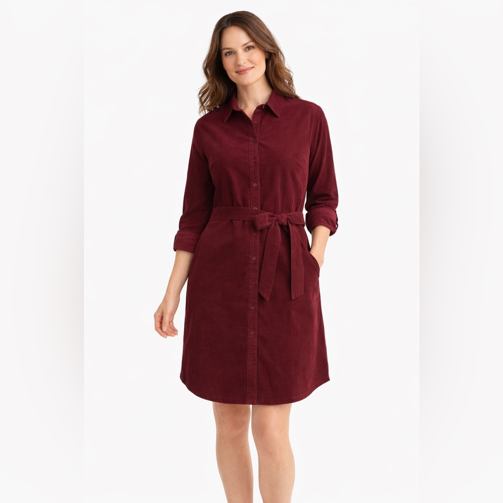 Lands’ End Corduroy Shirt Dress XL NWT Burgundy Button Front Belted